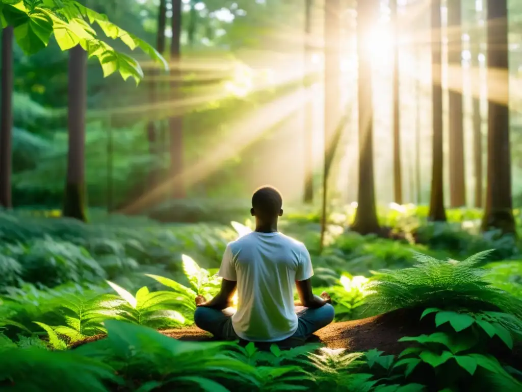 Una persona en meditación, rodeada de árboles altos en un bosque verde y exuberante