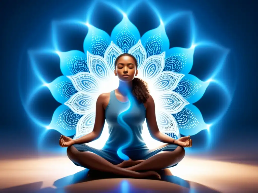 Persona en meditación, rodeada de aura azul calmante