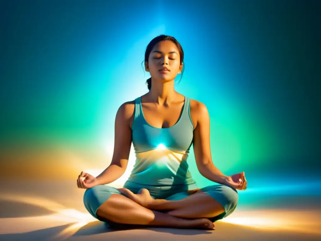 Persona en meditación, rodeada de energía y luz, respirando conscientemente