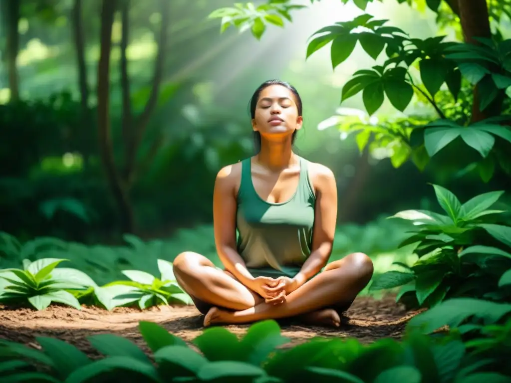 Persona en meditación, rodeada de vegetación exuberante, practicando la respiración guiada para armonía mental