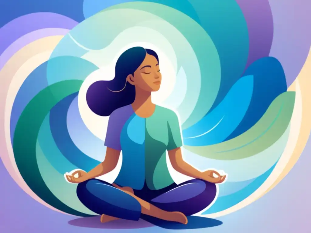 Persona en meditación, rodeada de líneas suaves y colores relajantes, evocando técnicas de respiración profunda para la ansiedad