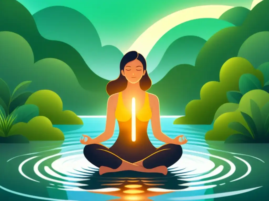 Persona en meditación, respirando profundamente, rodeada de luz y naturaleza