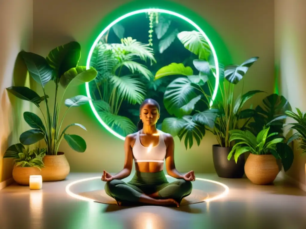 Una persona en meditación rodeada de luz suave, en un ambiente sereno con plantas verdes exudando paz