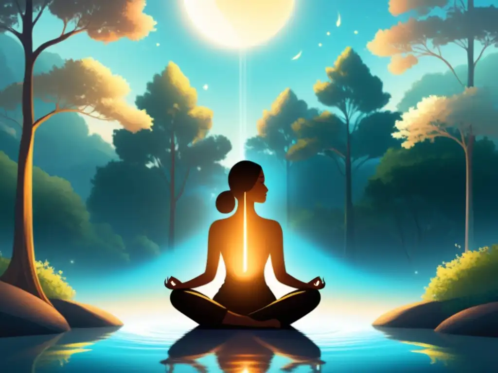 Persona en meditación, rodeada de luz suave y elementos naturales, evocando paz y armonía con la respiración rítmica y el sistema nervioso autónomo