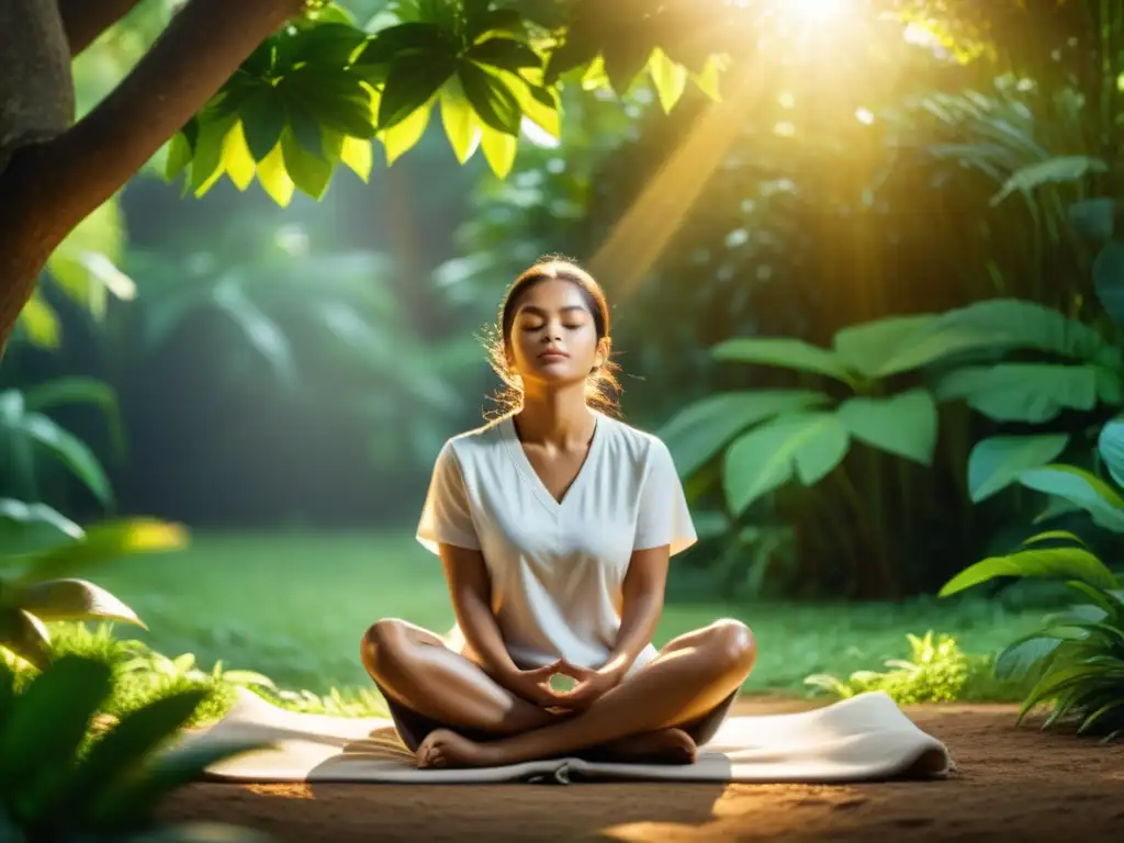 Persona en meditación rodeada de naturaleza exuberante, irradiando calma bajo la luz dorada