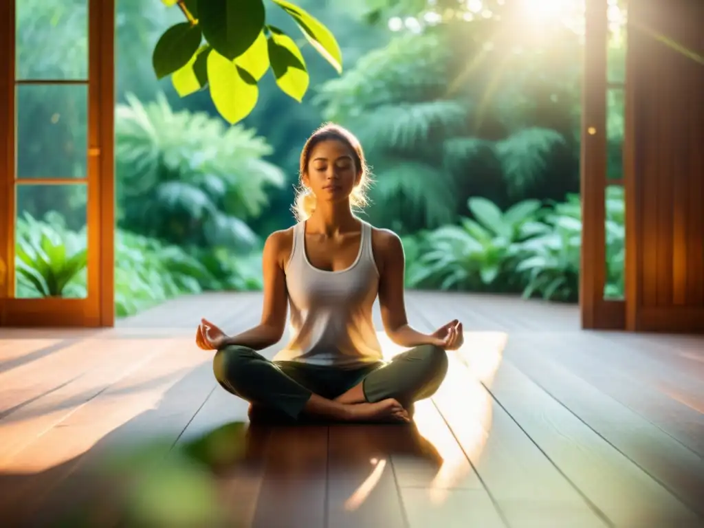 Una persona en meditación, rodeada de naturaleza, iluminada por el cálido atardecer