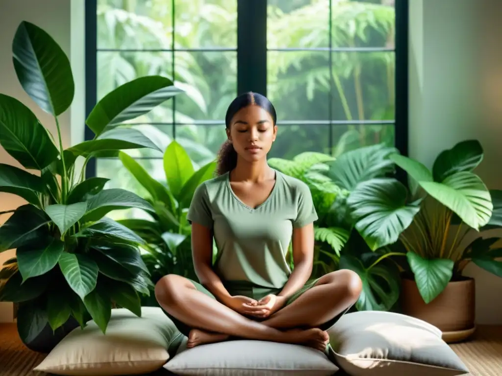 Persona en meditación, rodeada de plantas verdes, luz natural y calma