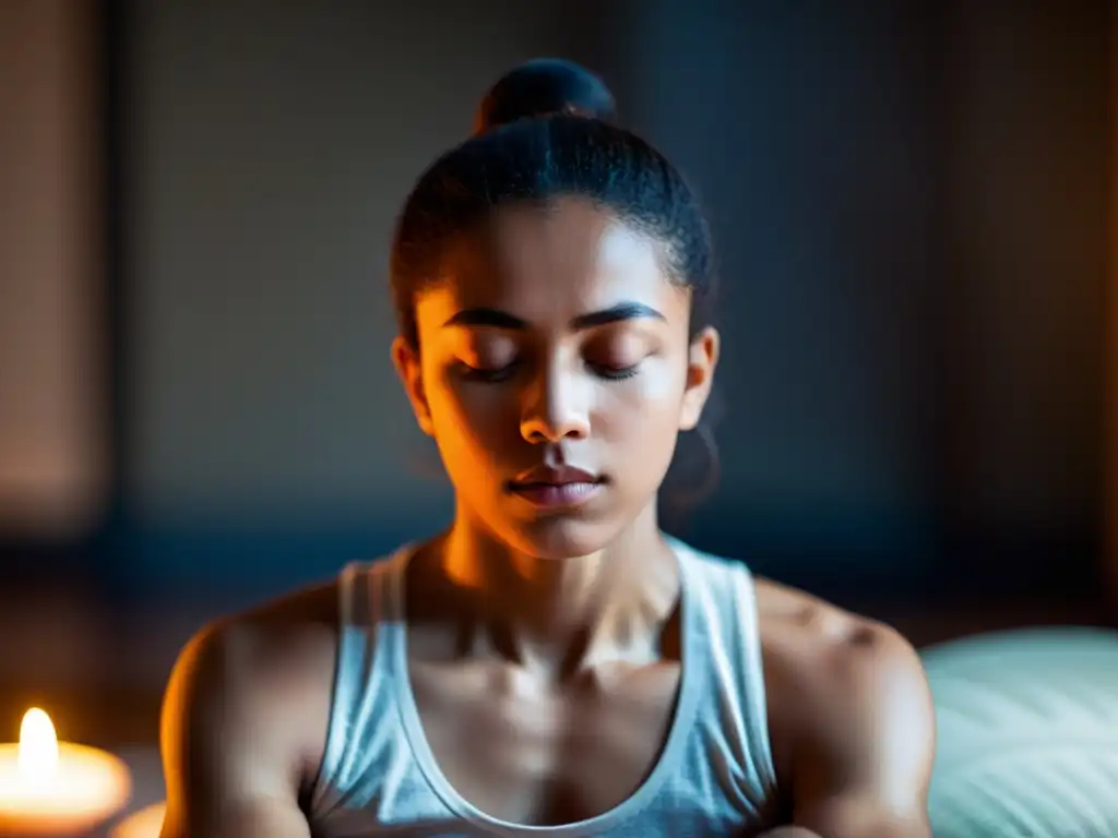 Persona meditando en cojín, rostro sereno, respiración calmada