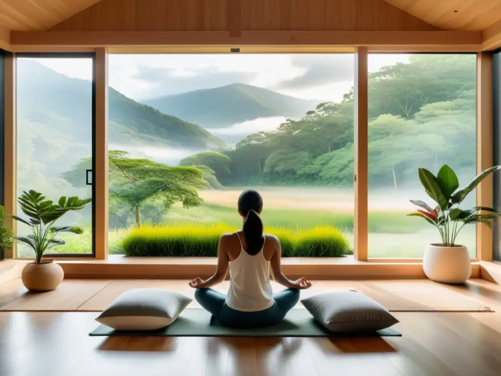 Persona meditando en sala luminosa con decoración minimalista y vistas naturales, transmitiendo beneficios médicos respiración consciente