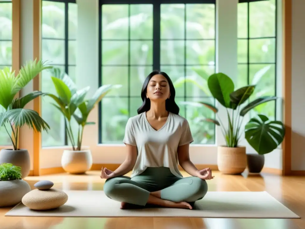 Persona meditando en sala luminosa con plantas, promoviendo tranquilidad y meditación guiada respiración profunda