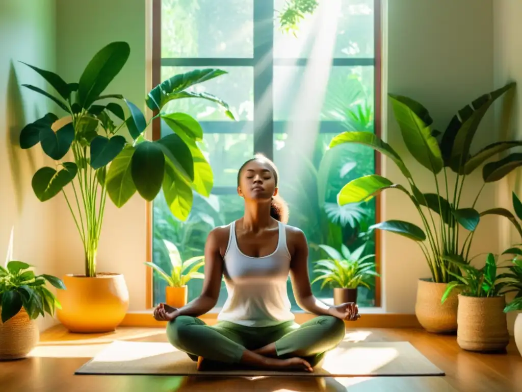 Persona en sala luminosa, respiración consciente para combatir estrés, rodeada de plantas verdes, meditando en paz