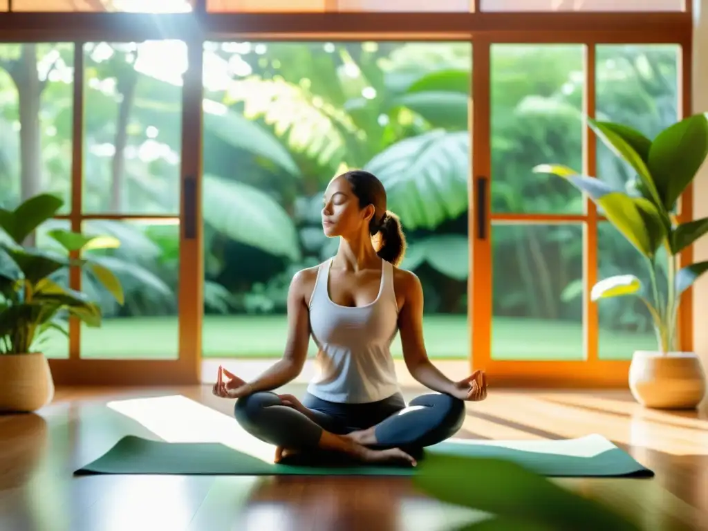 Persona meditando en sala luminosa con vista a jardín