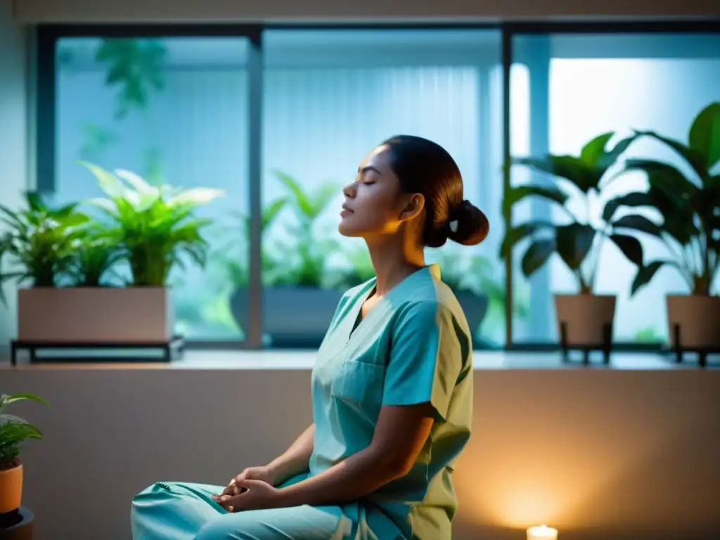 Persona en sala médica relajada, tomando respiración profunda