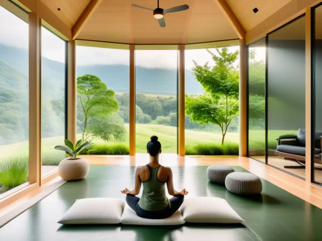 Persona meditando en sala minimalista con técnicas de respiración para liberar toxinas