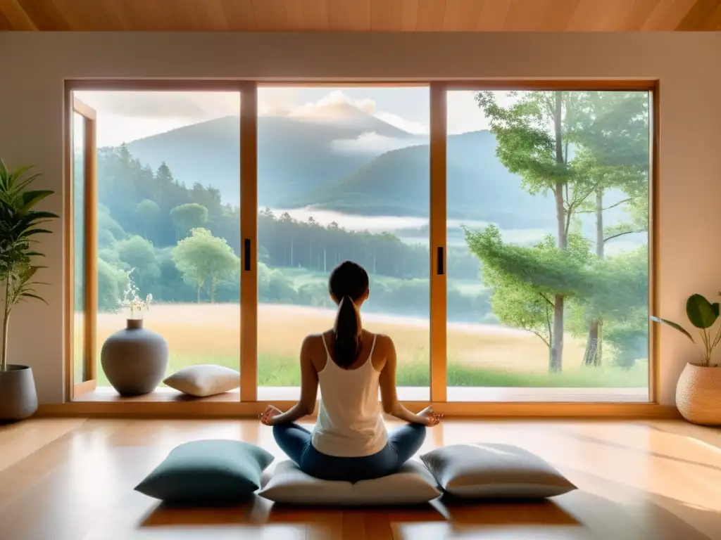 Persona meditando en sala minimalista con vista a la naturaleza, respiración consciente para regulación emocional y alivio del estrés