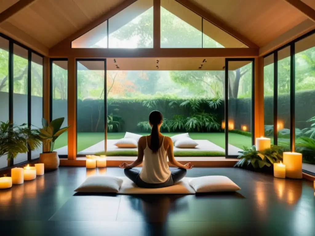 Persona meditando en una sala de meditación moderna, iluminada por luz natural, rodeada de vegetación y velas