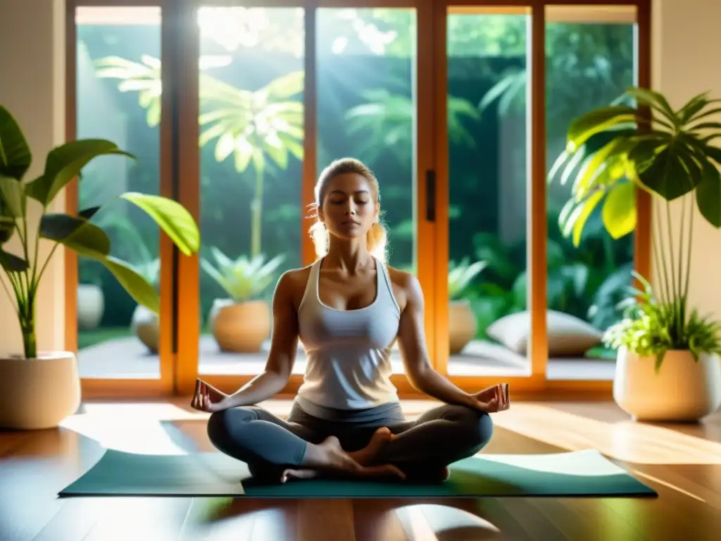 Persona meditando en sala moderna con luz natural y plantas