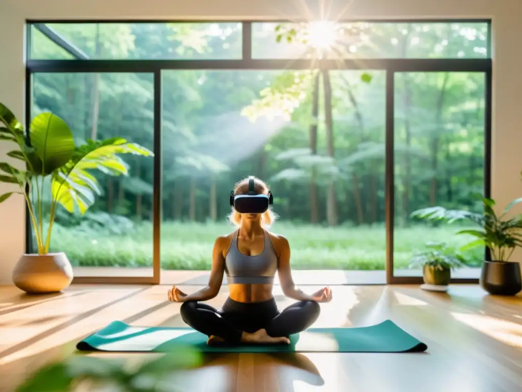 Persona meditando con VR en sala moderna, técnicas de meditación con respiración asistida en entorno tranquilo y natural