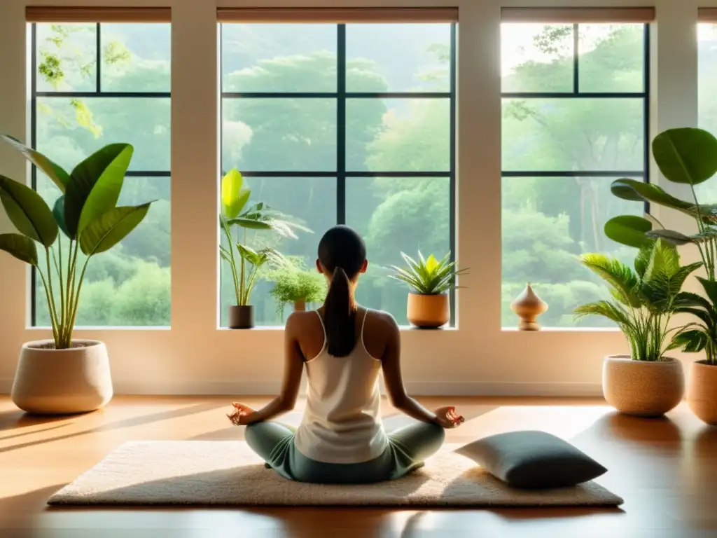 Persona meditando en sala moderna con vista a la naturaleza