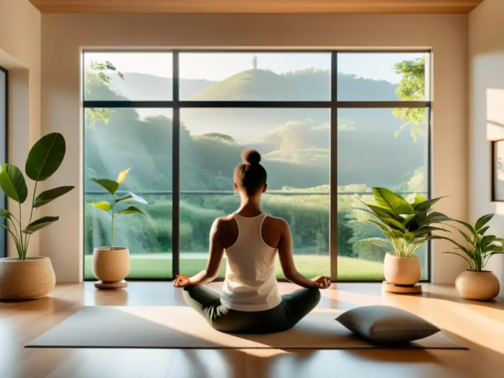 Persona meditando en sala moderna con vista a la naturaleza