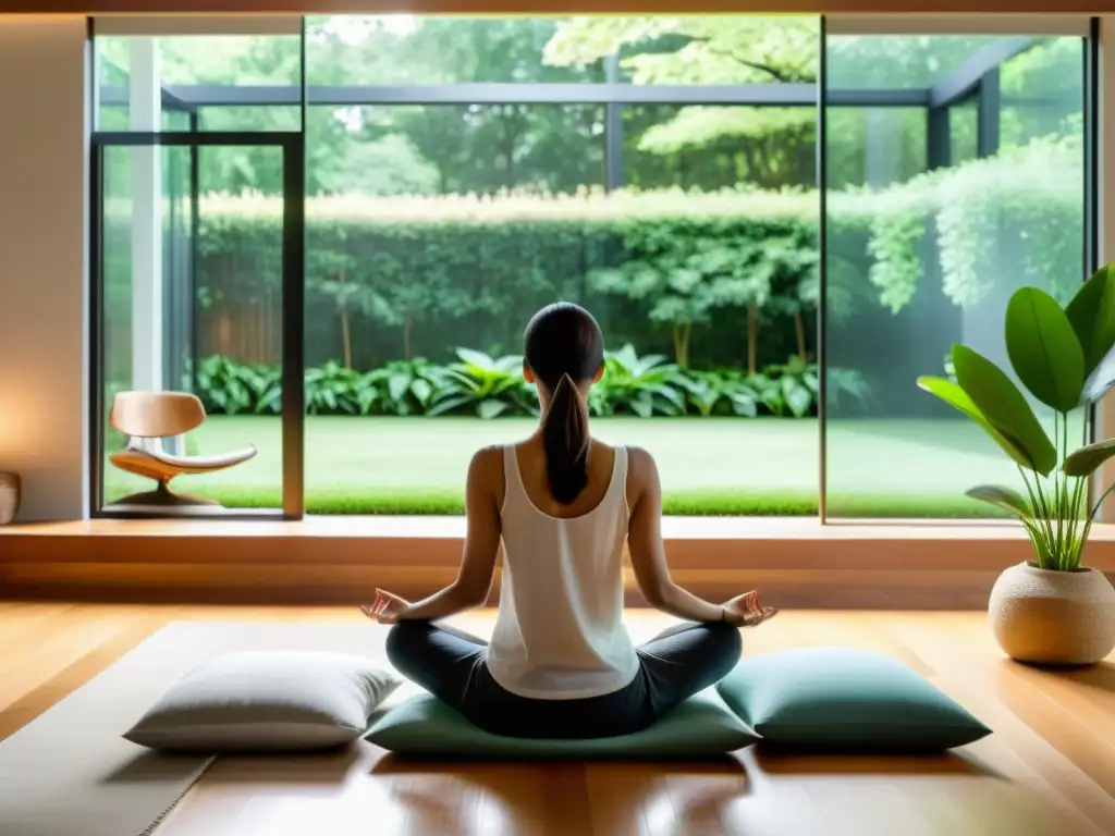 Persona meditando en sala moderna con vista al jardín