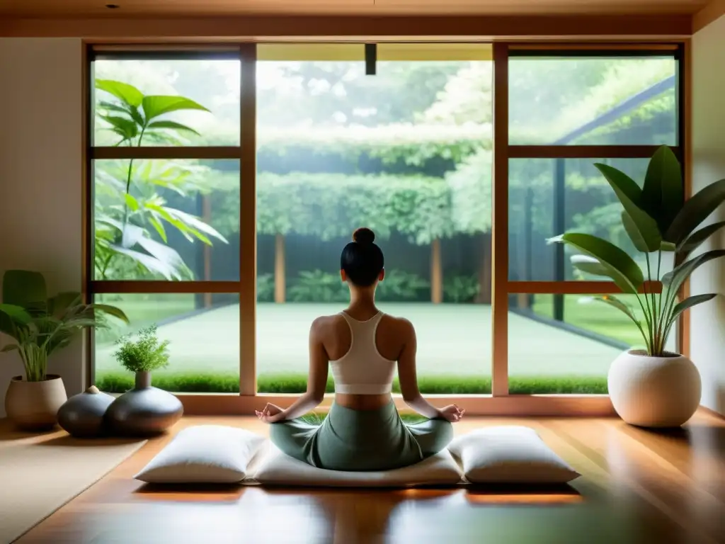 Persona meditando en sala serena con vista al jardín, técnicas de respiración meditativa para ansiedad