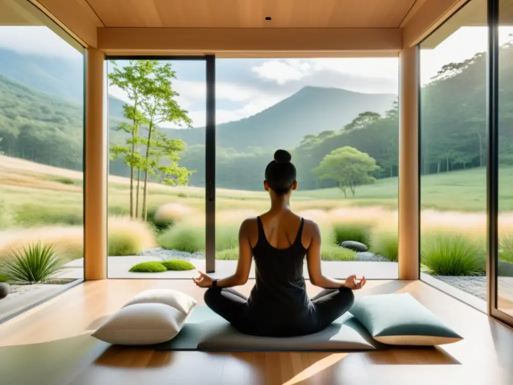 Persona meditando en sala con vista natural, decoración minimalista y beneficios respiración nasal meditación