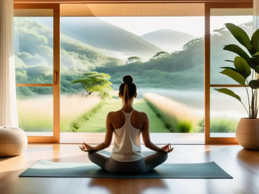 Persona meditando en sala con vista a paisaje natural, transmitiendo tranquilidad y paz interior