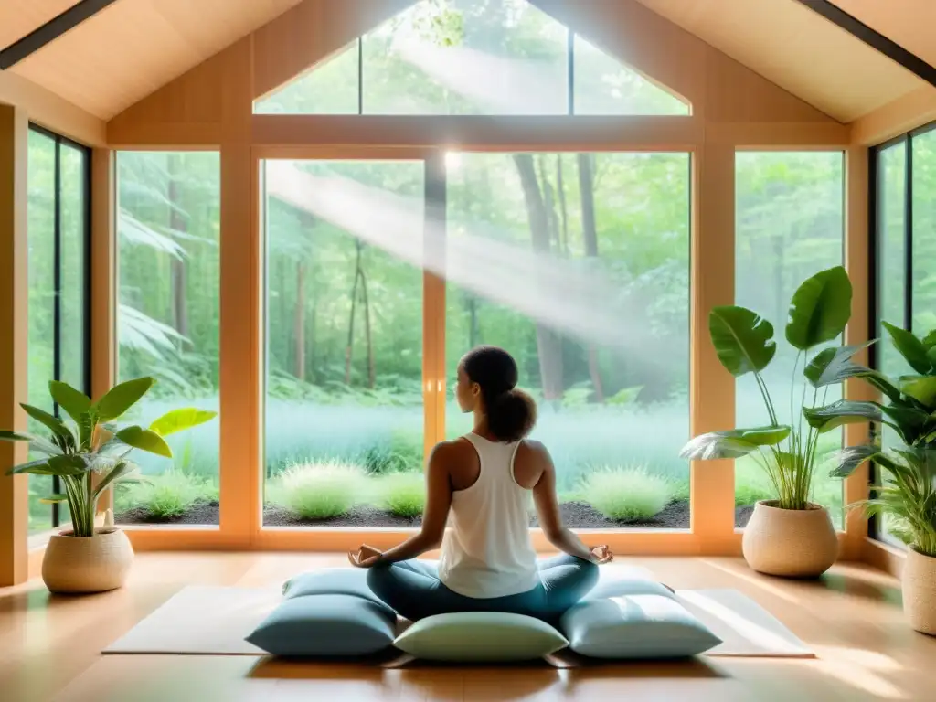 Persona meditando en sala con vista a bosque