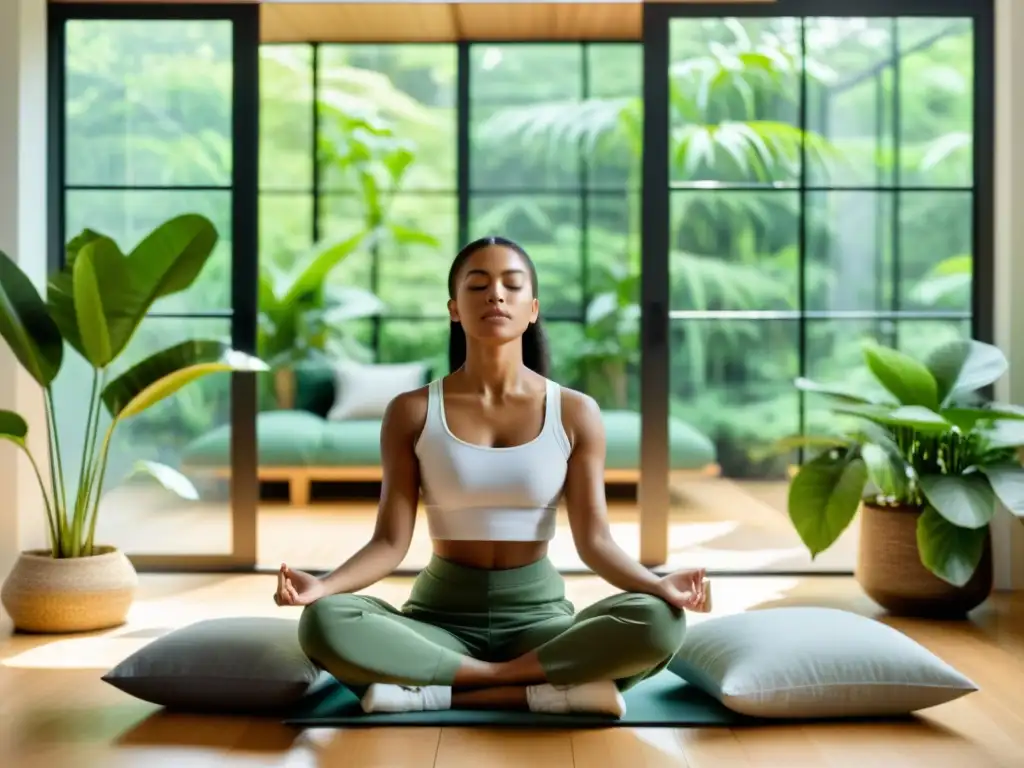 Persona meditando en un salón moderno, rodeada de plantas verdes