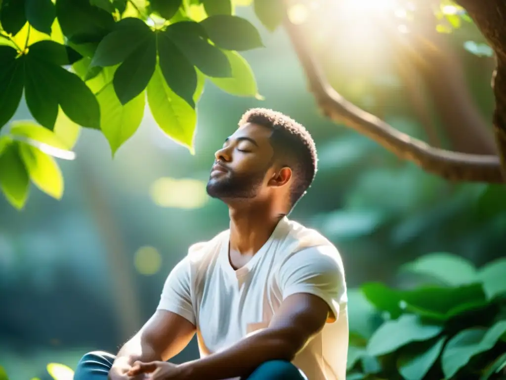 Una persona sentada en meditación, respirando conscientemente en un entorno natural, promoviendo la reducción de ansiedad