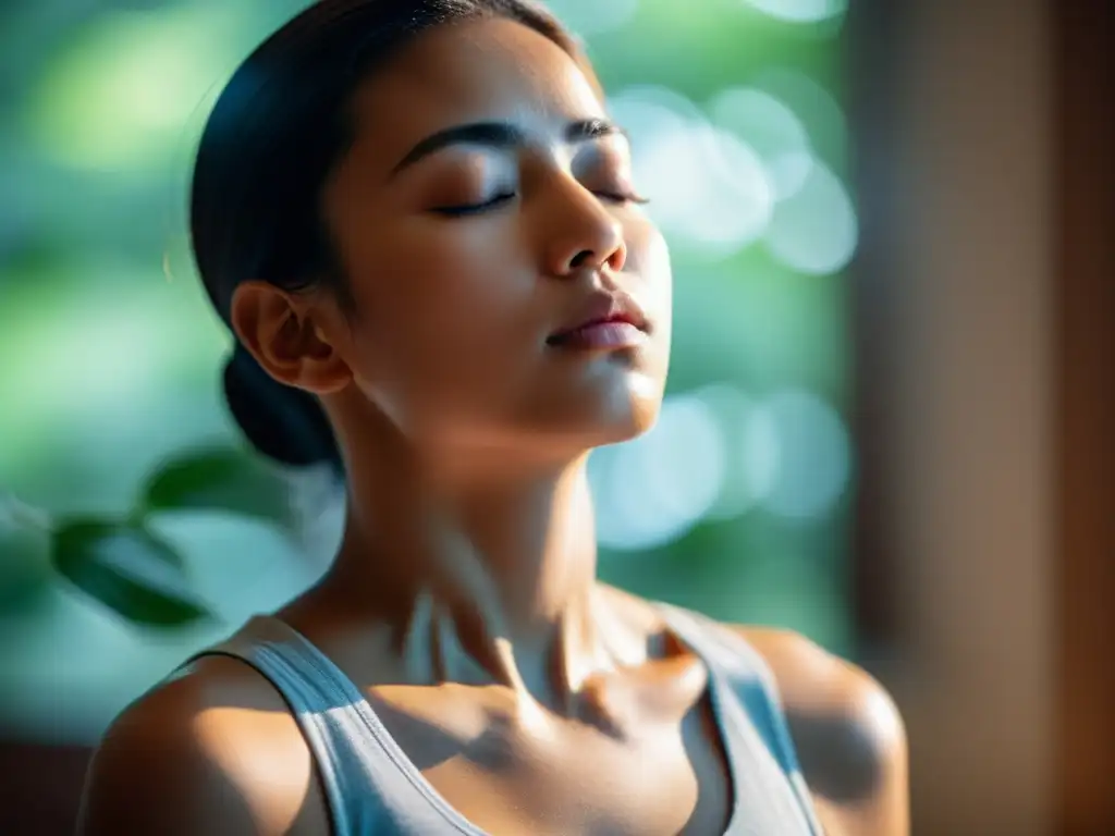 Una persona serena practica respiración consciente con los ojos cerrados, rodeada de luz suave