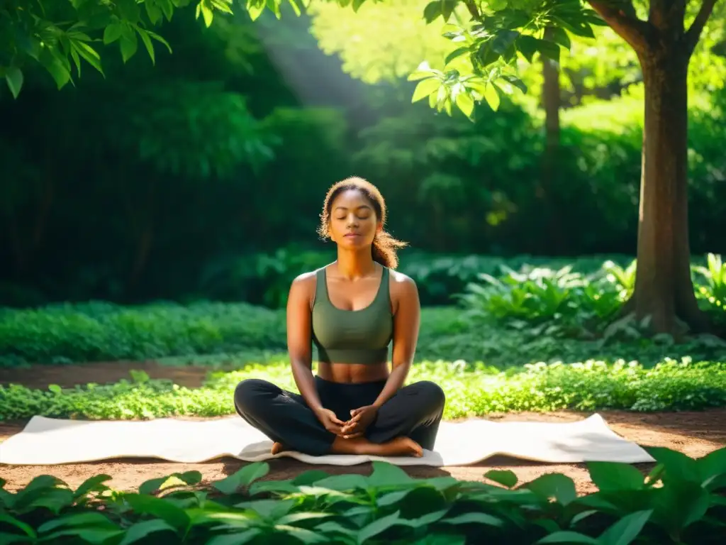 Una persona serena practica respiración diafragmática entre la exuberante naturaleza, transmitiendo calma y bienestar emocional