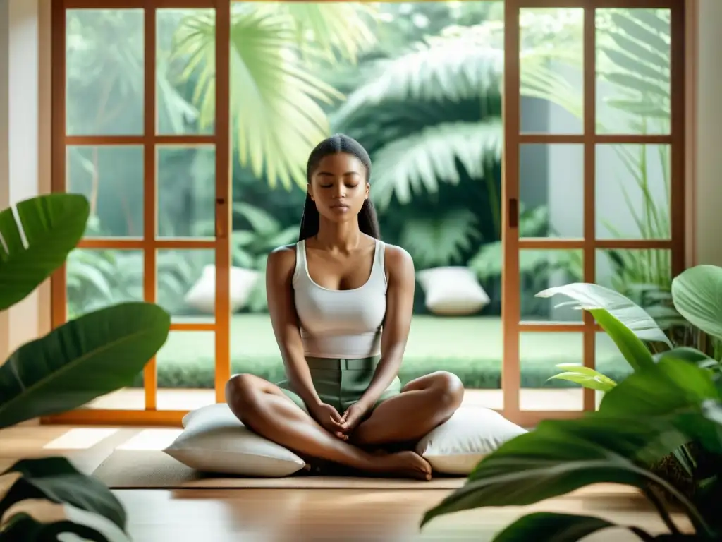 Persona en meditación serena entre la exuberante vegetación, en un ambiente contemporáneo minimalista