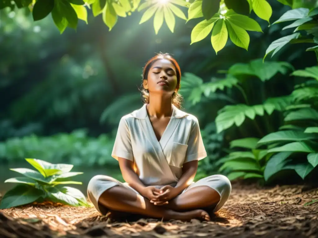 Una persona serena meditando en la naturaleza, transmitiendo calma y paz