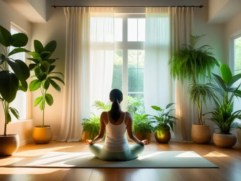 Persona meditando en serena habitación con plantas, respiración nasal y luz natural, reflejando los beneficios de la meditación