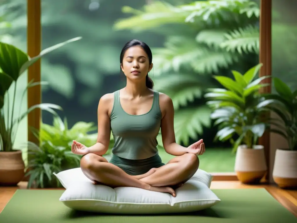 Una persona serena practica la técnica de respiración segmentada para estabilidad emocional, rodeada de exuberante vegetación y luz suave