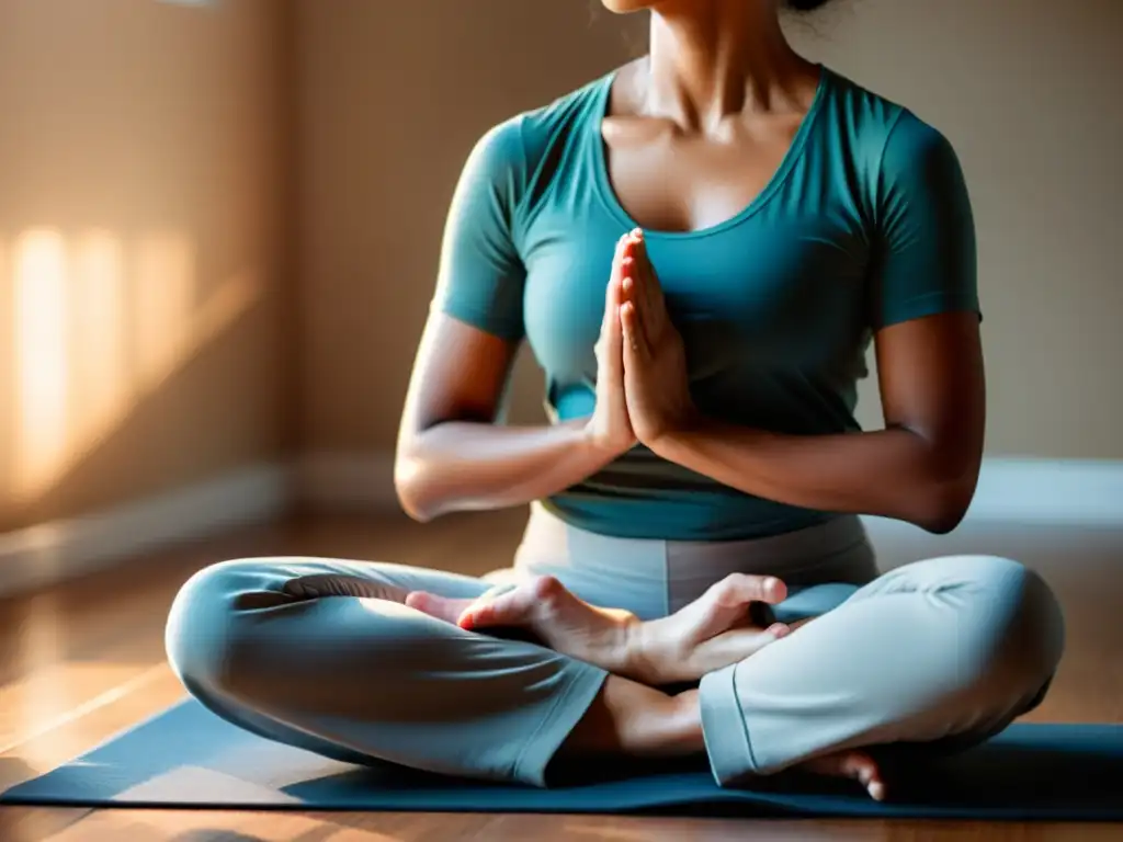 Persona serena practicando yoga, reflejando la importancia histórica de la respiración en una atmósfera pacífica y contemplativa