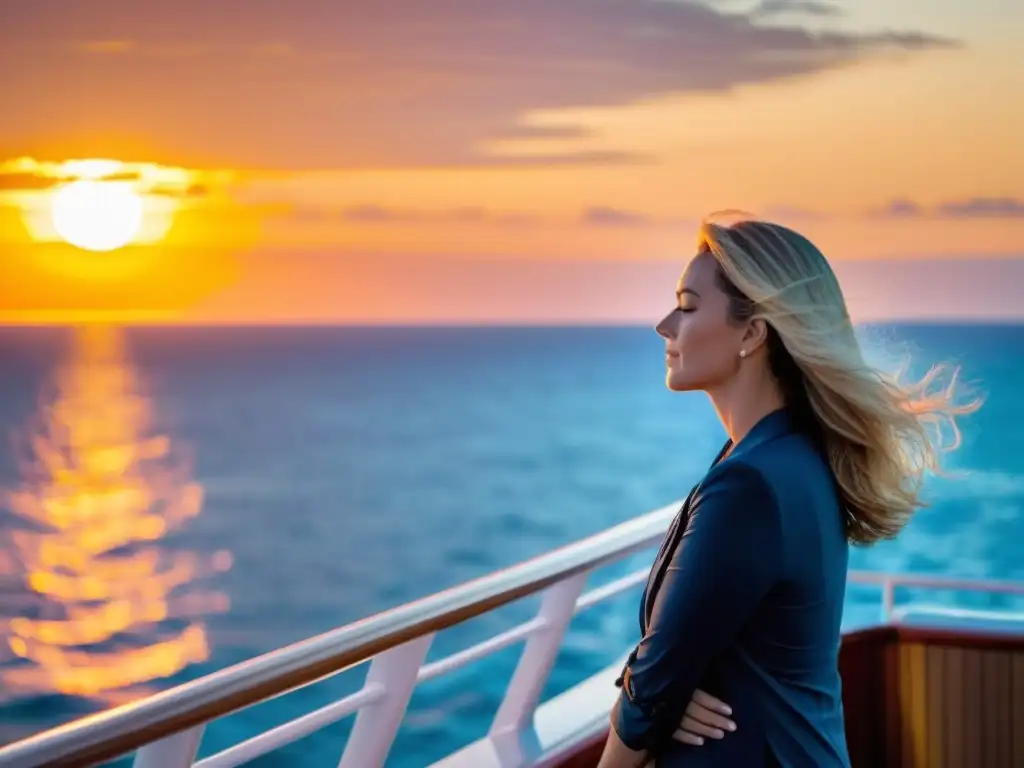 Una persona disfruta de la serenidad en la cubierta de un crucero al atardecer, practicando la respiración profunda para pulmones sanos