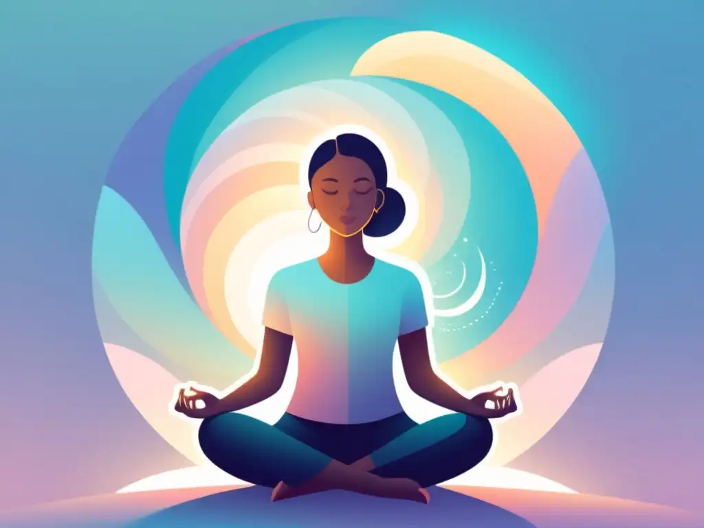 Persona meditando en serenidad, exhalando estrés con técnicas de respiración profunda para estrés