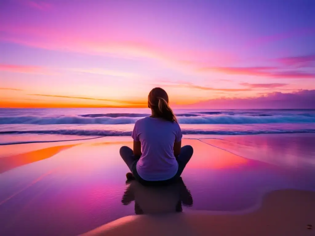 Una persona medita con serenidad en la playa al atardecer, rodeada de una cálida luz y ritmos respiratorios para meditación serena