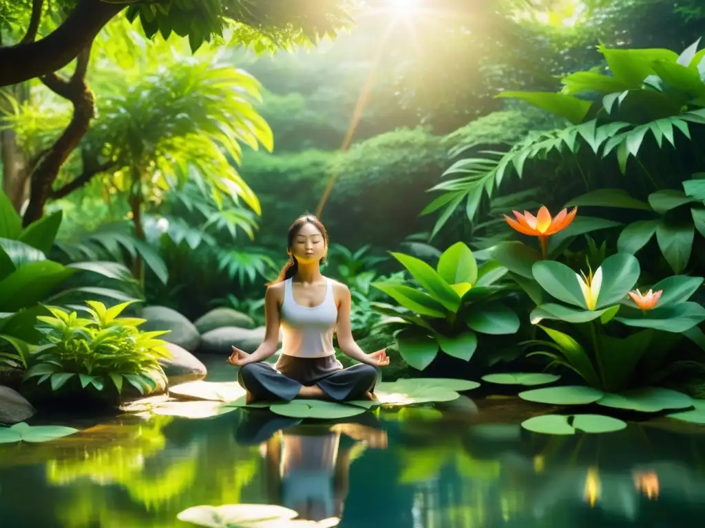 Persona en jardín sereno practicando la respiración taoísta equilibrada entre exuberante vegetación y agua tranquila, irradiando paz y armonía