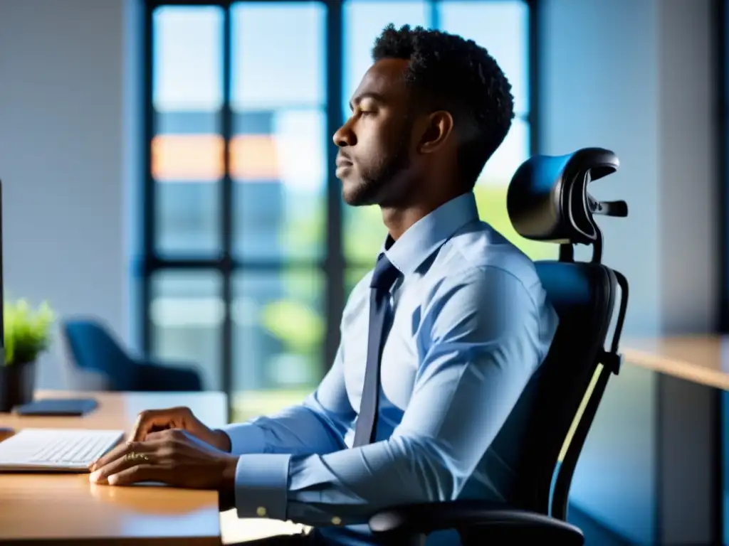 Persona en silla ergonómica practicando postura y respiración para mejorar la salud en la oficina