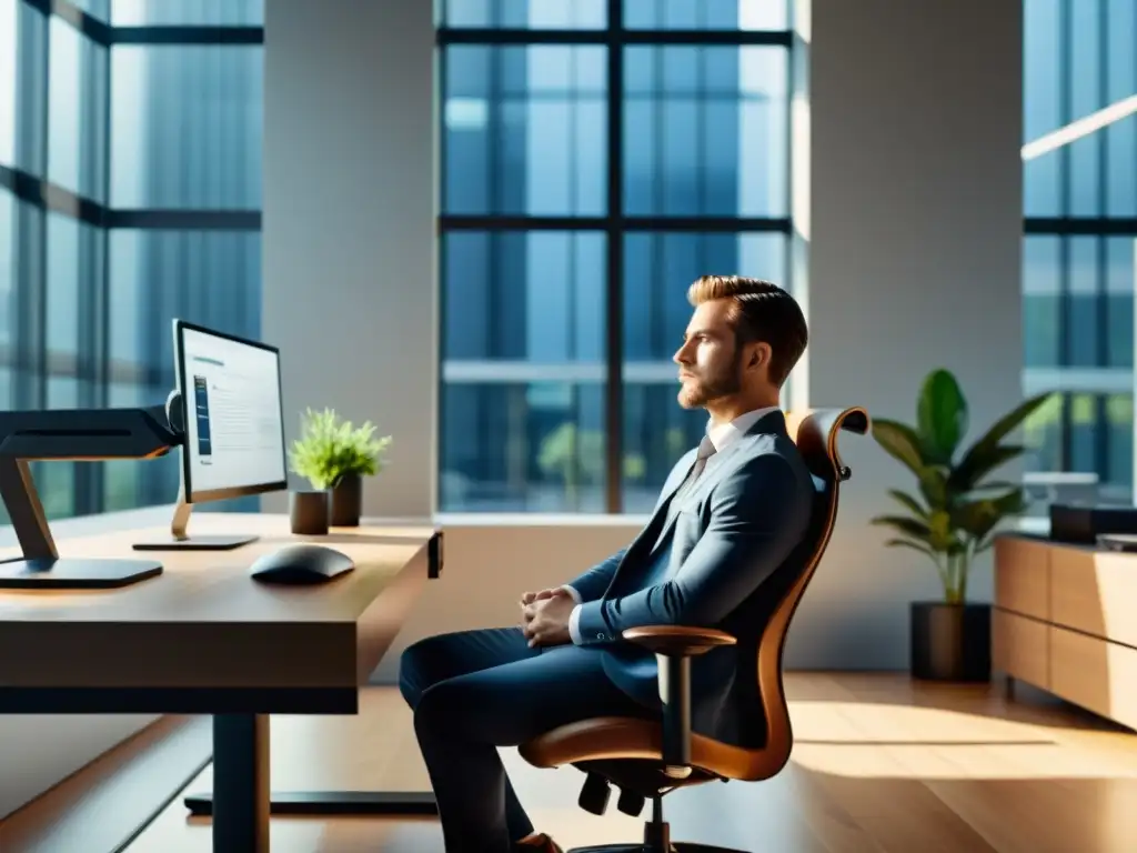 Persona en silla ergonómica con soporte lumbar, respirando profundo en oficina moderna, expresión concentrada