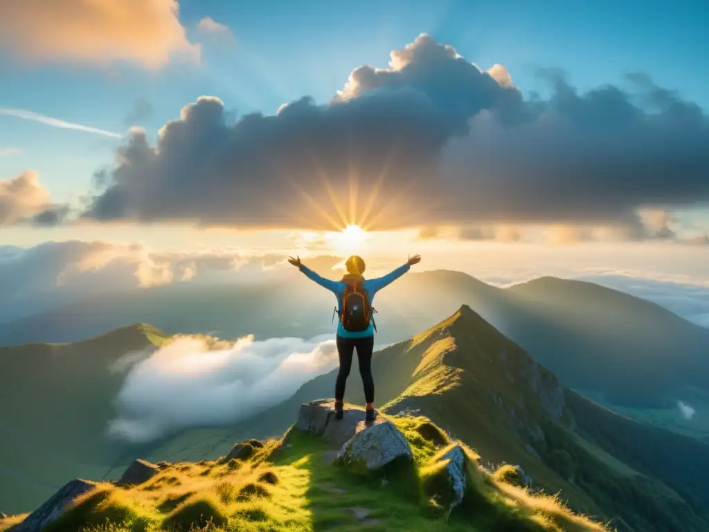 Persona disfrutando del sol en la cima de la montaña, rodeada de nubes