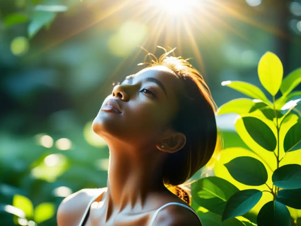 Persona disfrutando del sol entre la exuberante vegetación, destacando la importancia de la vitamina D para la salud pulmonar