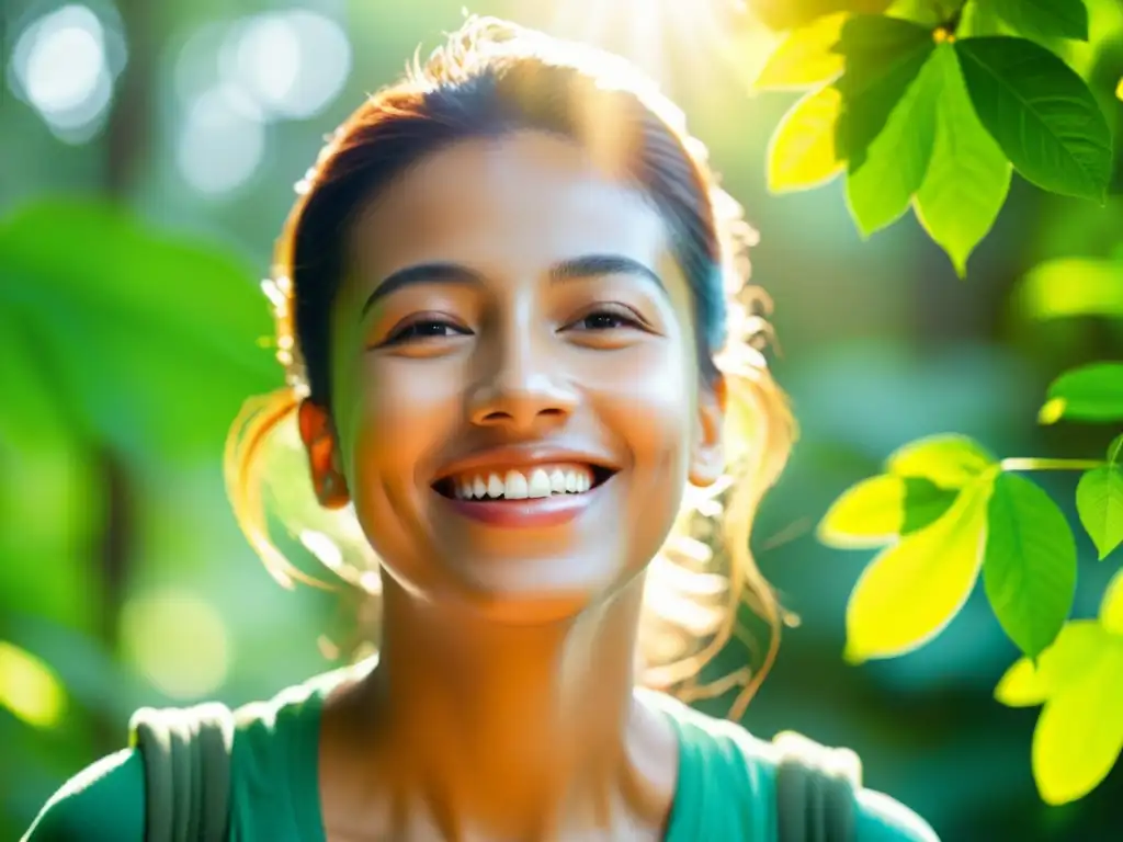 Una persona sonriente y saludable respira en un bosque exuberante, irradiando vitalidad y confianza, inspirando historias de éxito en marketing