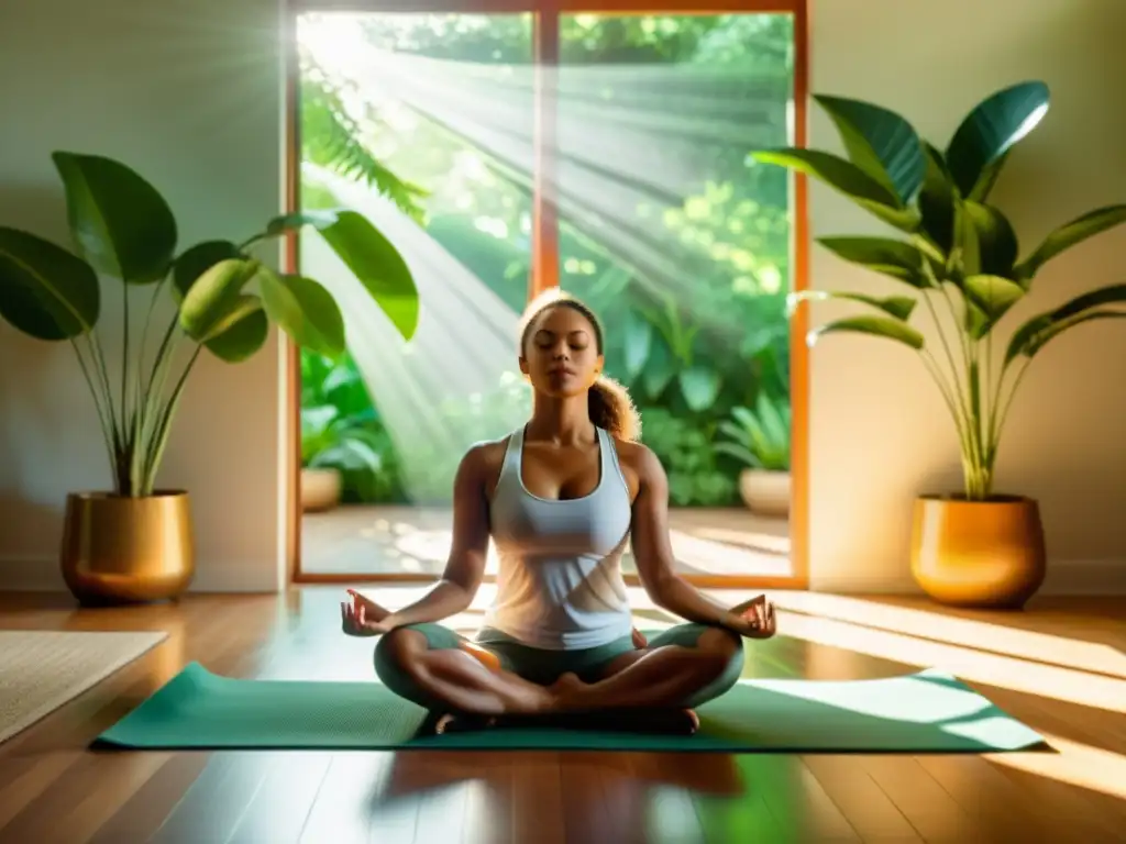 Persona en el suelo de yoga, respirando profundamente entre la exuberante vegetación