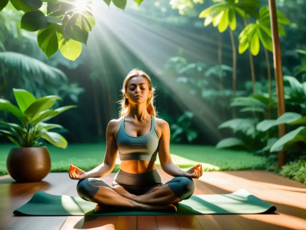 Persona meditando en un tapete de yoga, rodeada de naturaleza exuberante