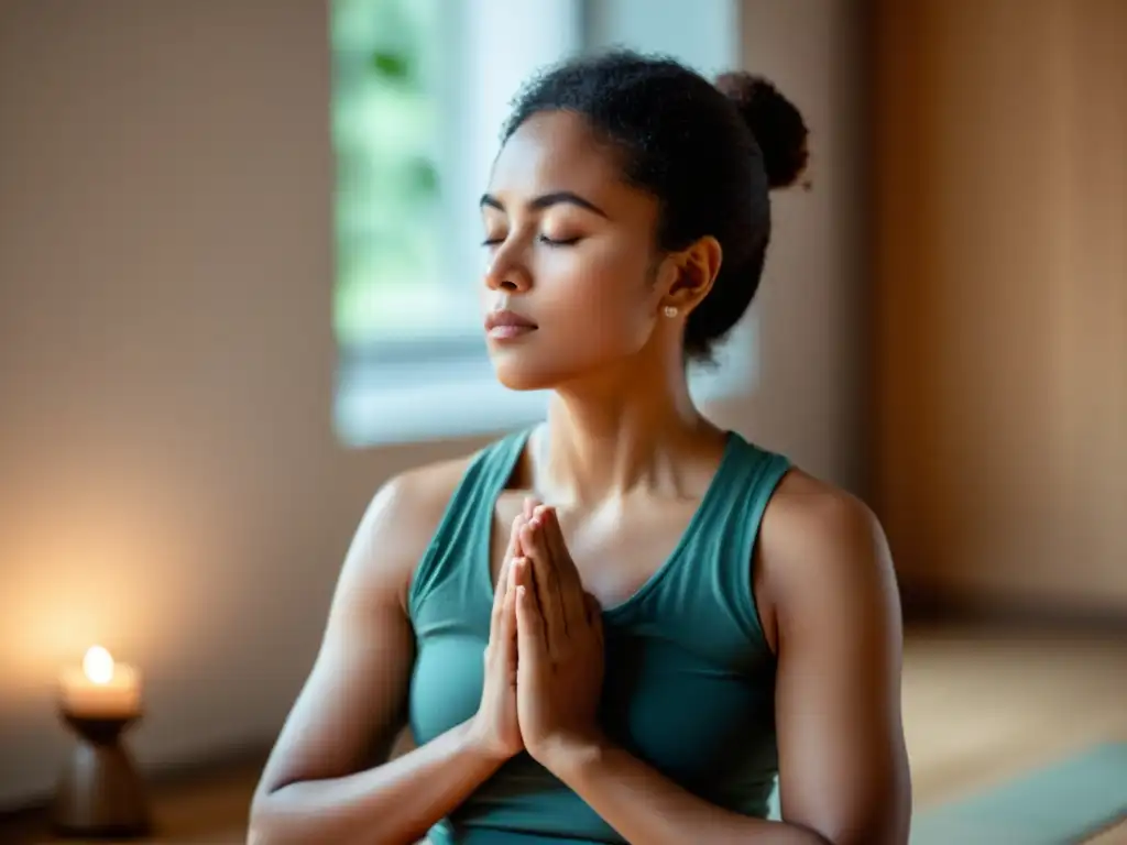 Una persona practica la Técnica Buteyko para problemas respiratorios en una pose serena y meditativa, con los ojos cerrados y una expresión tranquila